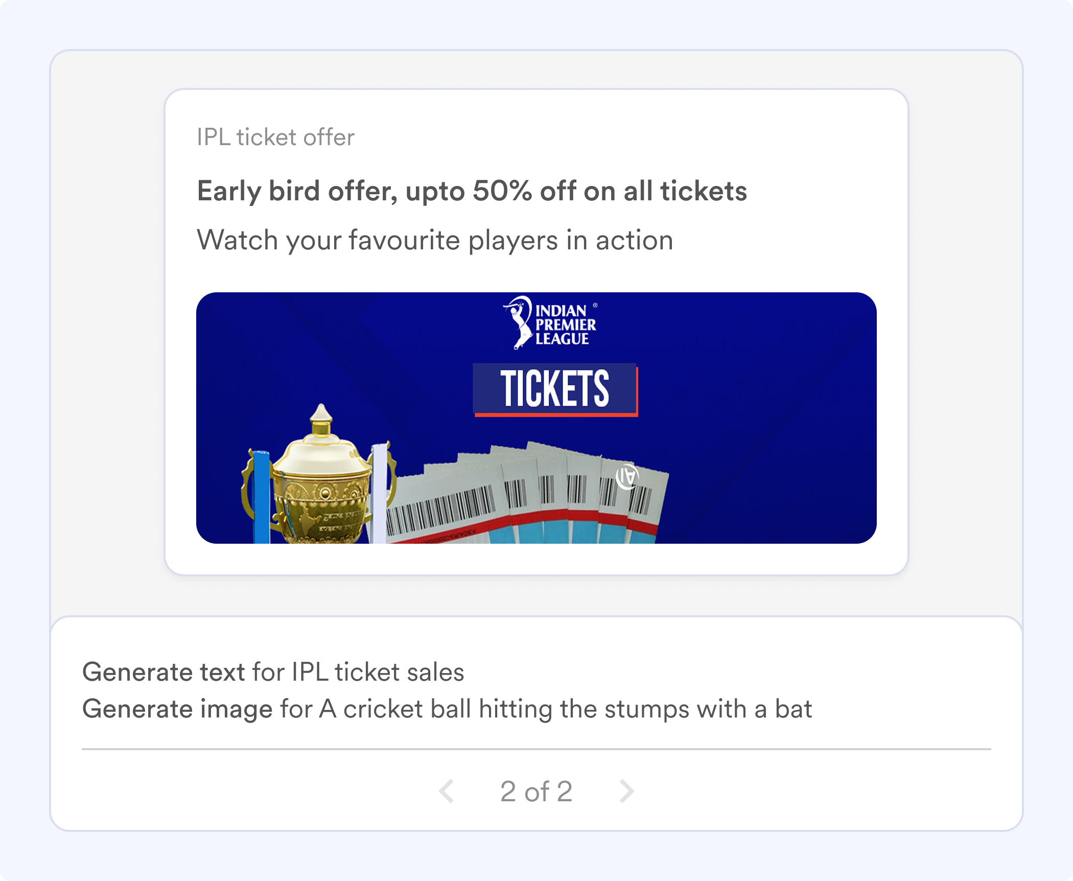Push notification preview card with pagination showing 2 of 2 iterations