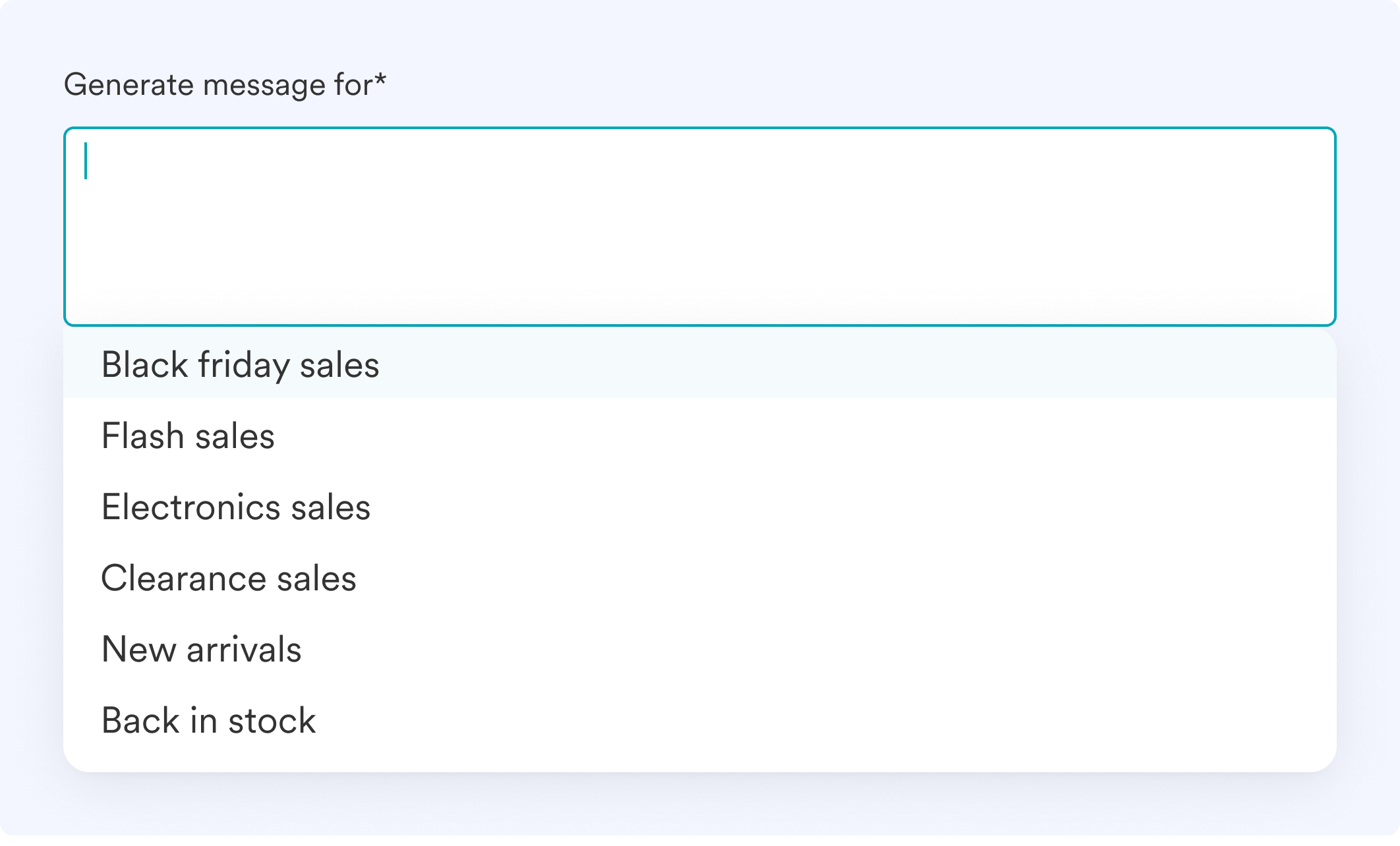 Preset templates dropdown showing Black Friday sales, Flash sales, Electronics sales