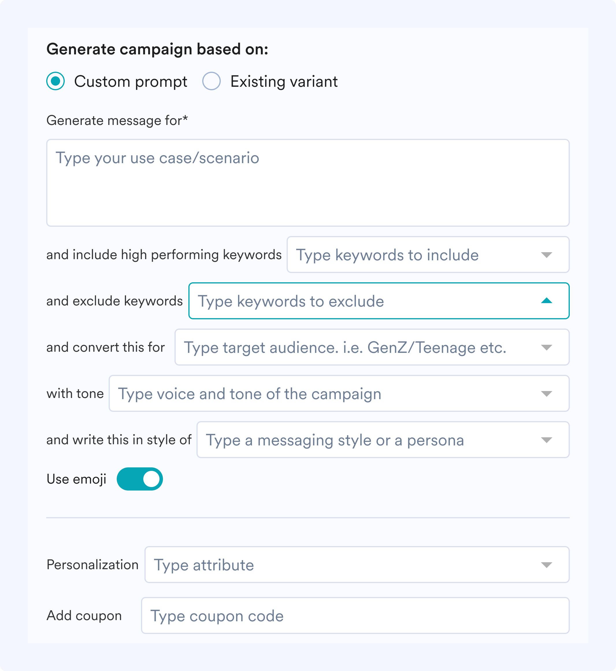 Structured input fields with dropdowns for prompt type, keywords, tone, style and emoji toggle
